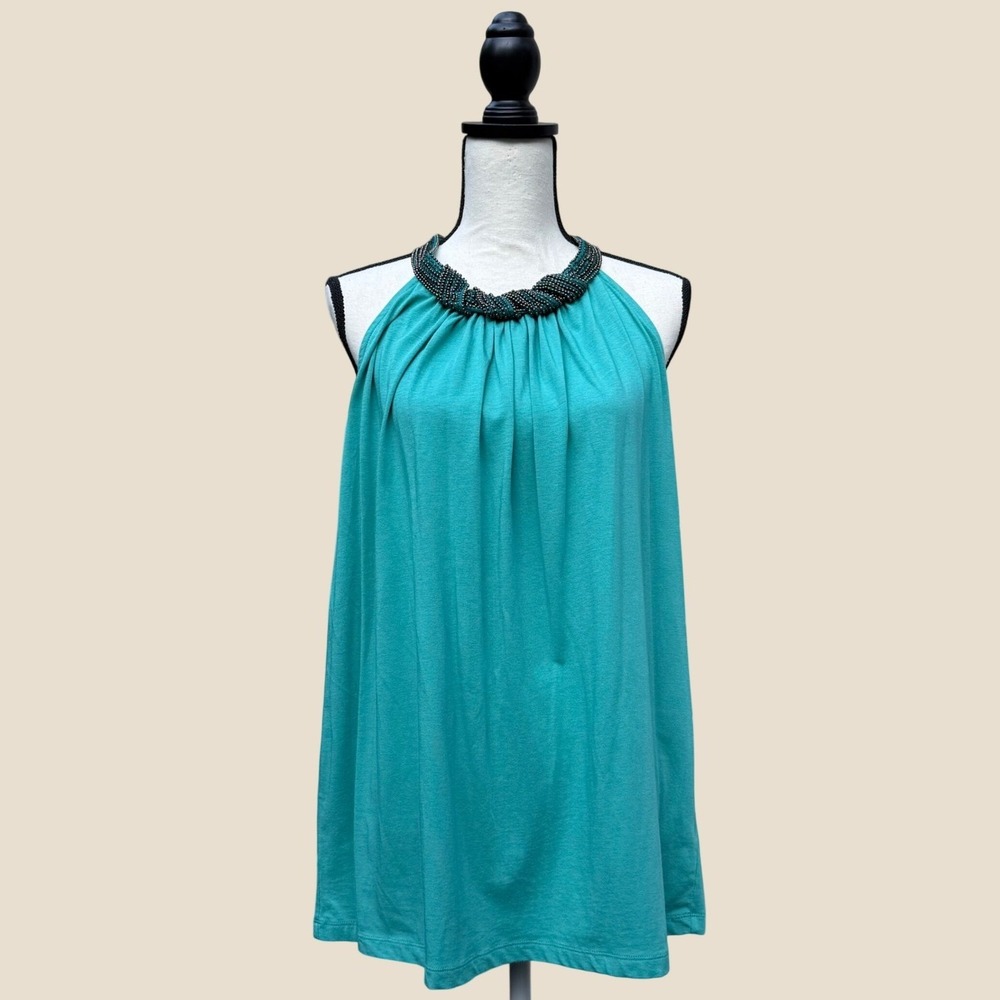 Anne Klein Womens XL Teal Green Beaded Neckline Sleeveless Halter Blouse Top